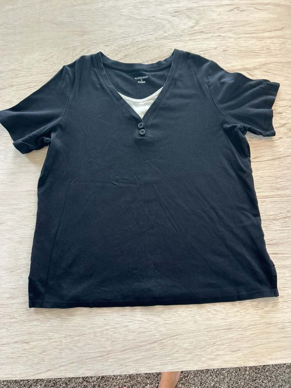 Allison Daley Black Faux Layered V-Neck Short Sleeve Henley Shirt 1X